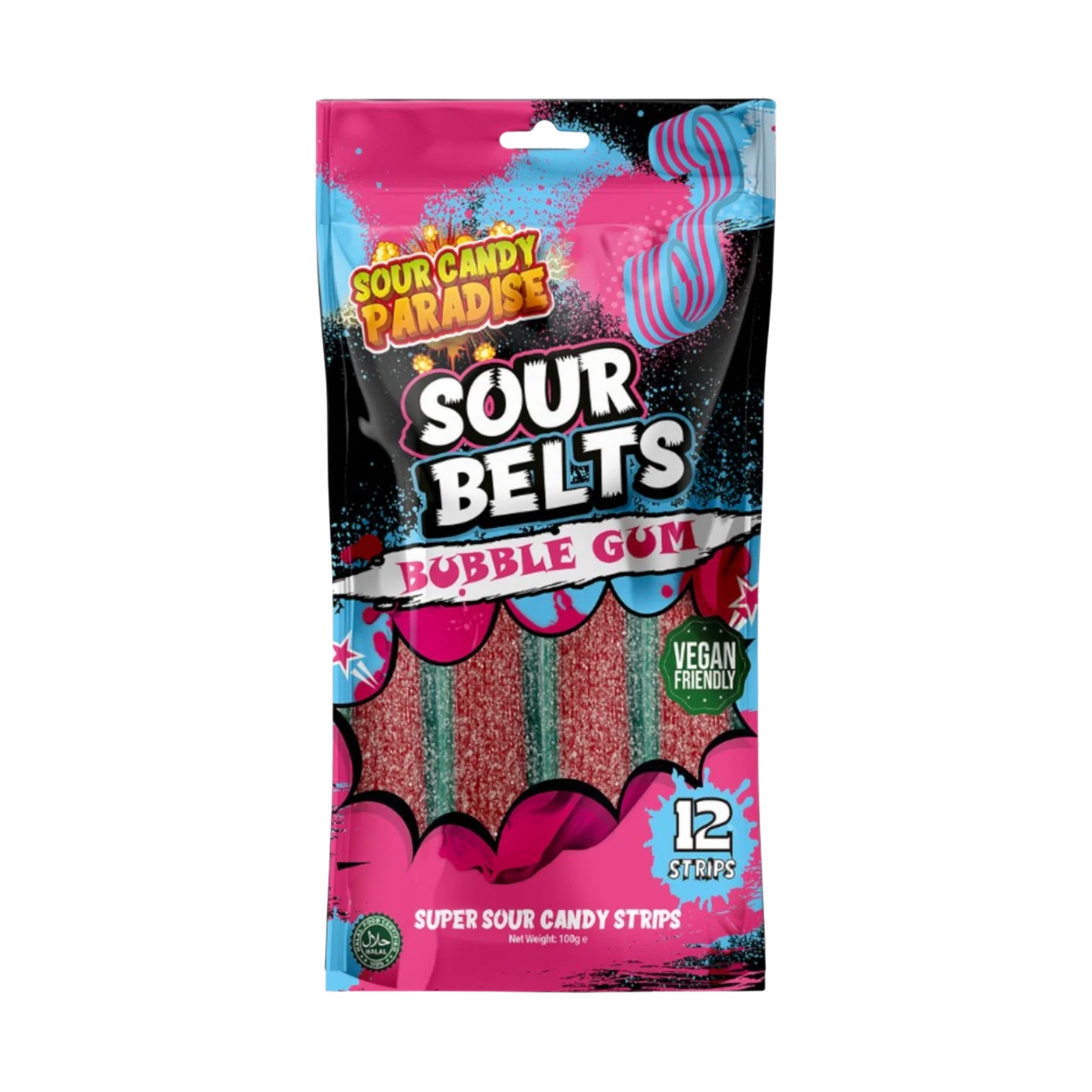 Sour Candy Paradise Sour Belts Bubblegum 100g (12 Pcs)